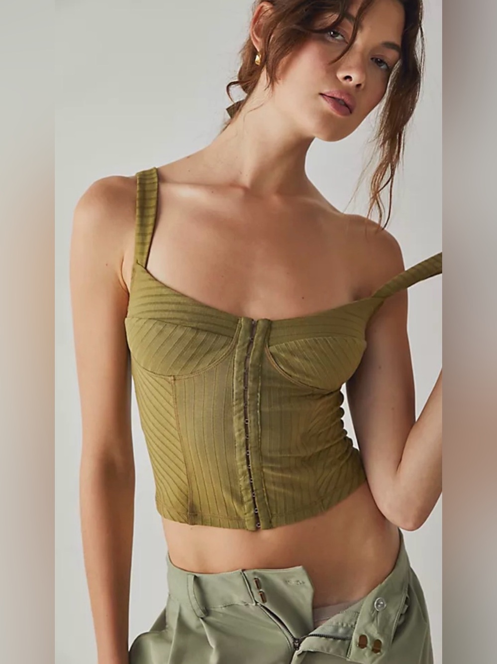 Free People Olive Green Ribbed Hook-Front Bustier Crop Top